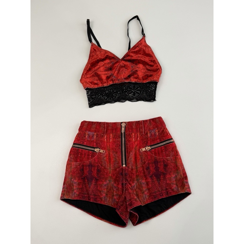 Liberated Heart 2 Piece Set XS Red Velvet Shorts Lace Crop Top Festival RARE